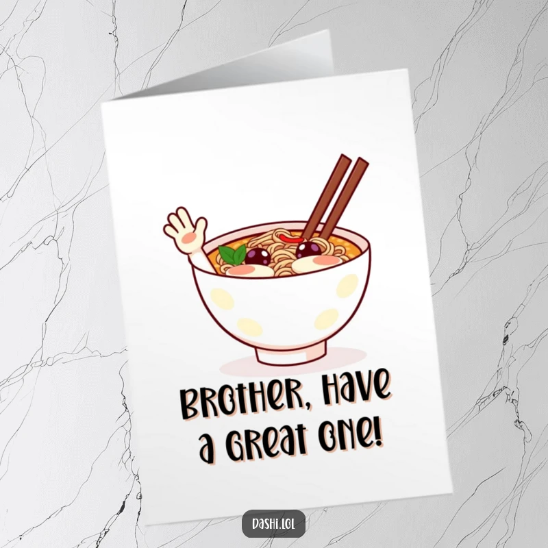 Funny Free Printable Birthday Card featuring a cheerful ramen bowl with eyes and mouth, waving enthusiastically.