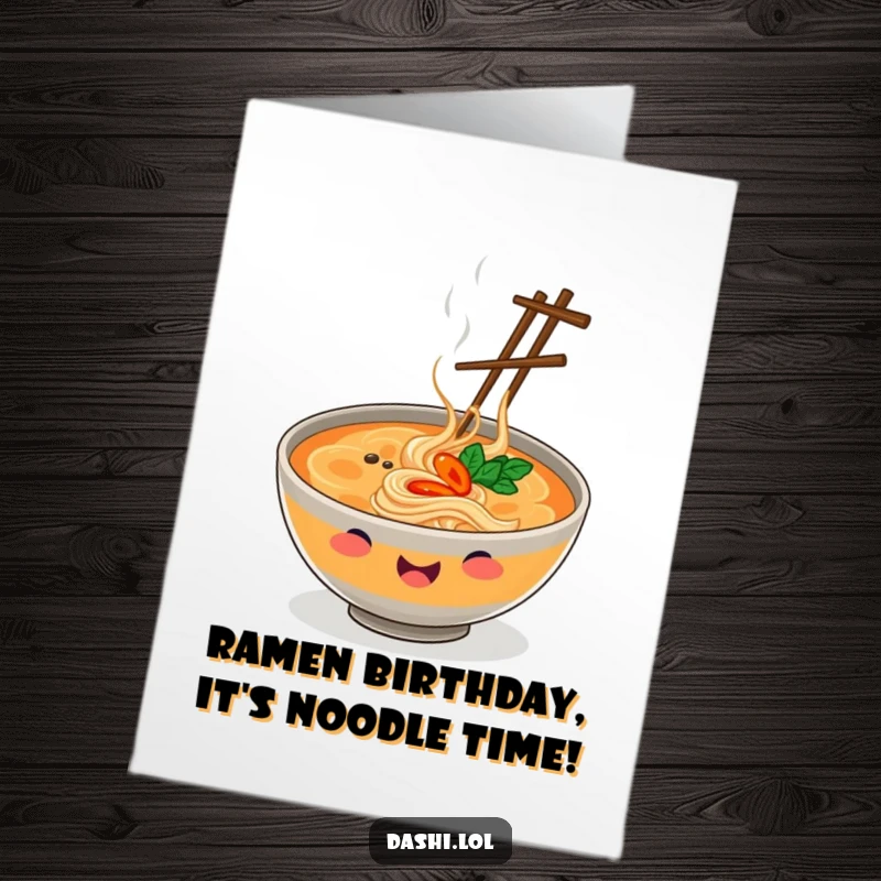 Funny free printable birthday card: Smiling steaming ramen bowl skillfully juggling multiple chopsticks in a humorous display of talent.