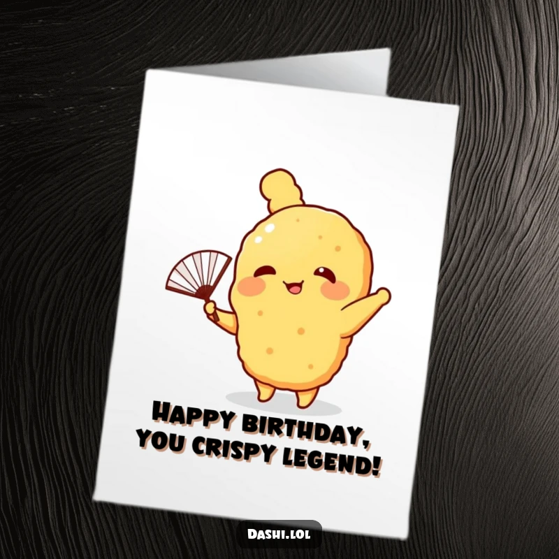 Funny free printable birthday card: A giggling tempura with tiny arms playfully waving a tiny paper fan, radiating joy.
