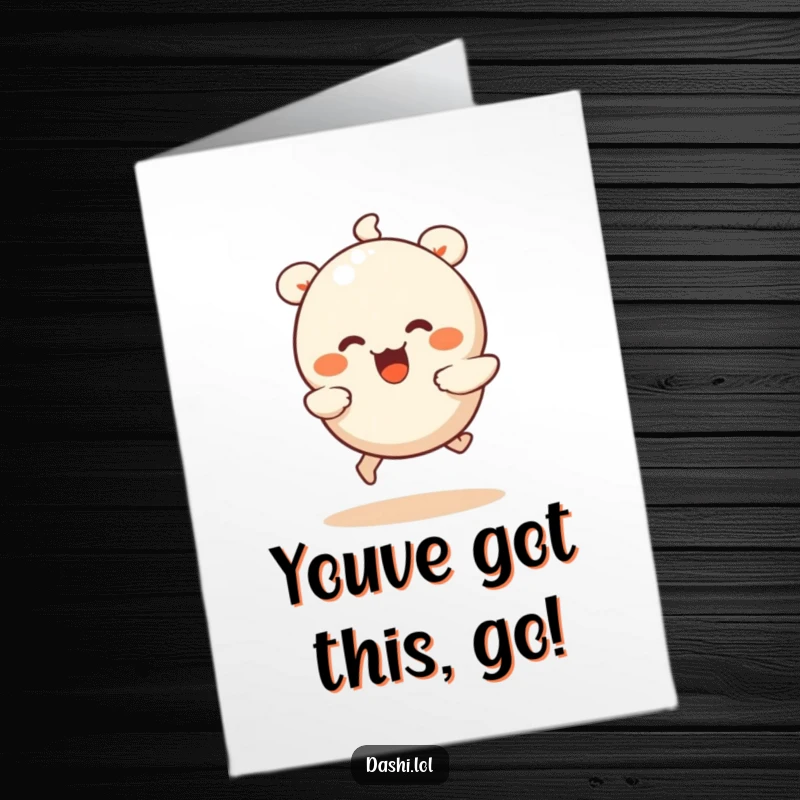 Funny Free Printable Congratulations Card featuring a wiggling dumpling with tiny legs joyfully running, celebrating success.