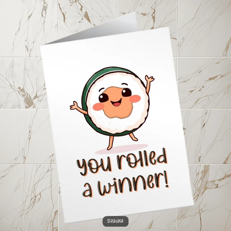 Funny Free Printable Congratulations Card showing a happy sushi roll performing an energetic dance, celebrating an achievement.