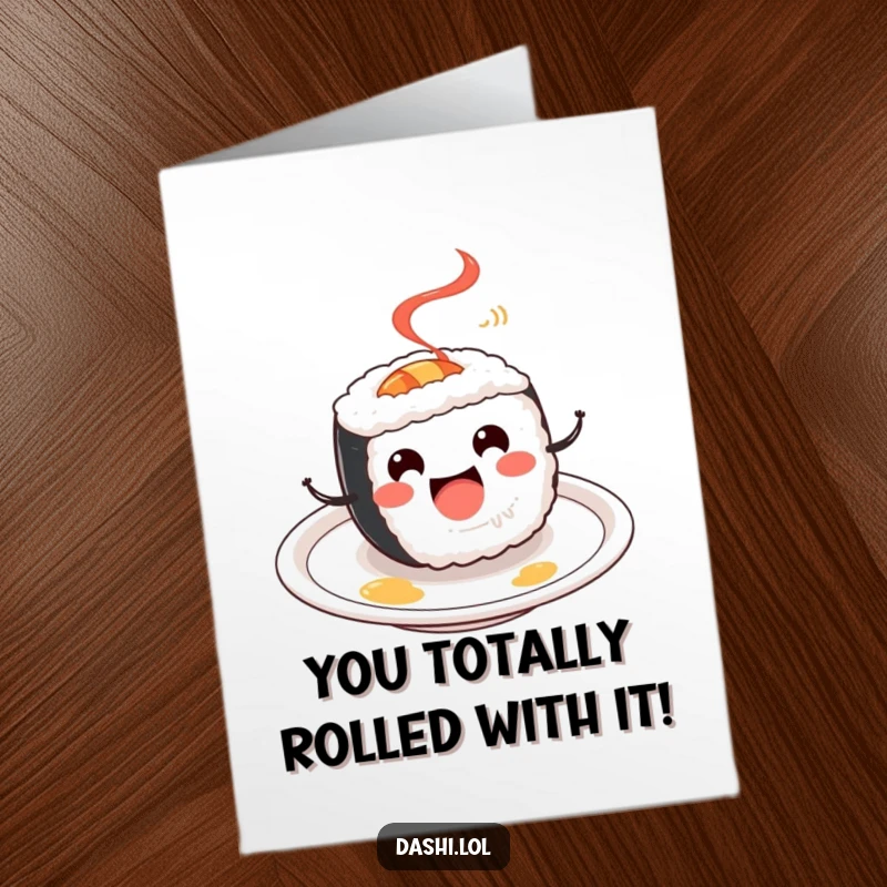 Funny Free Printable Congratulations Card: A happy sushi roll caught in a joyful spin on a white plate.