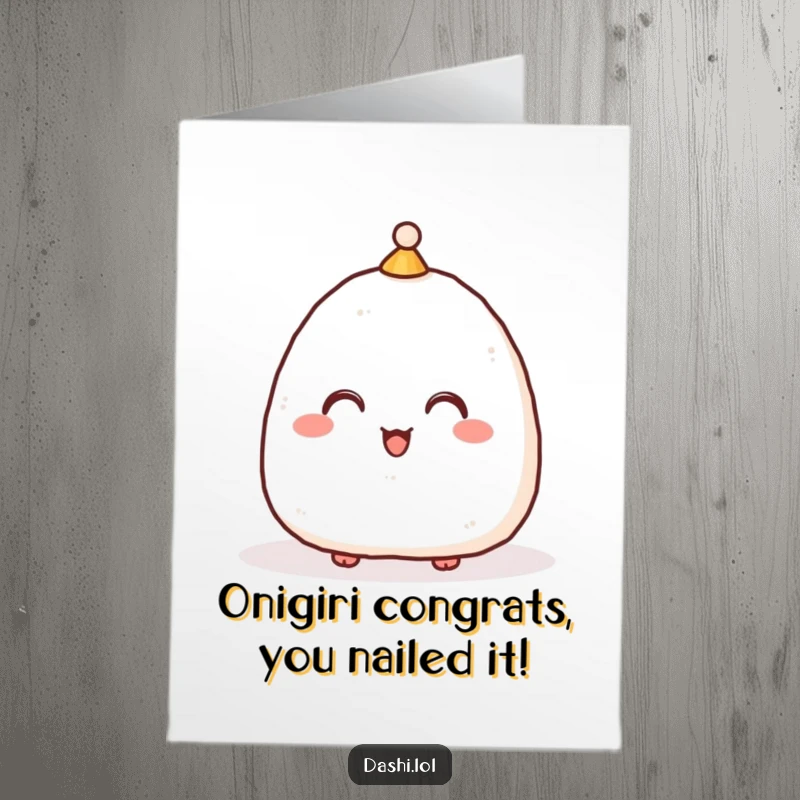 Funny free printable congratulations card: A happy onigiri in a small hat bowing low to express sincere congratulations.