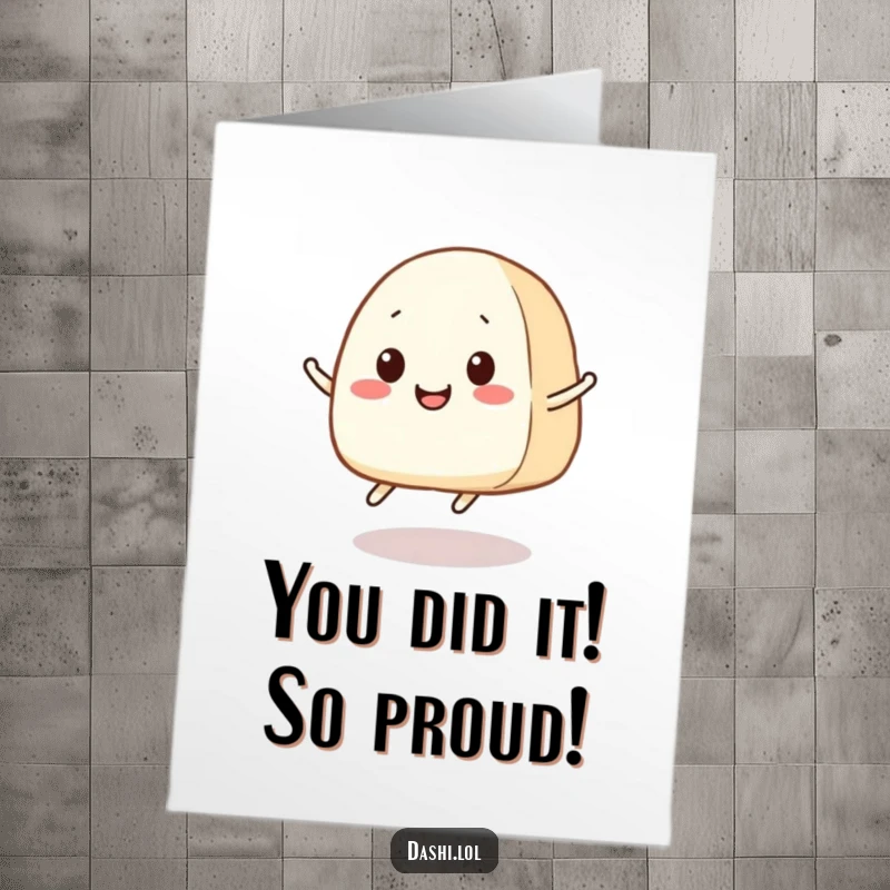 Funny Free Printable Congratulations Card: A smiling onigiri with legs leaping in the air, celebrating success with delight.