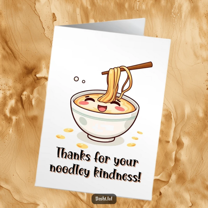 Funny Free Printable Thank You Card: A ramen bowl giggling playfully while splashing tiny noodles, conveying thanks.
