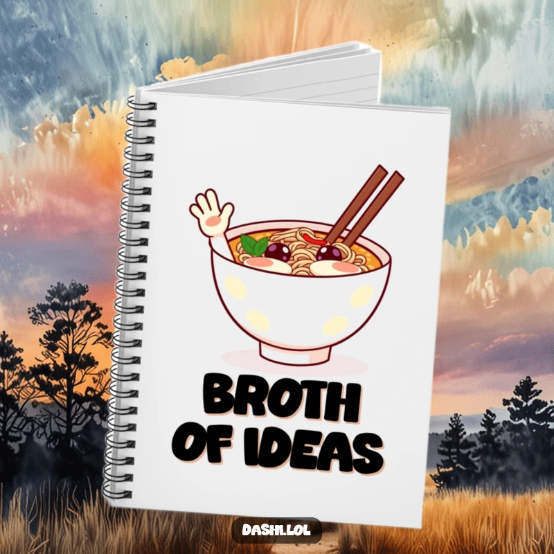 Funny ramen notebook with a cheerful ramen bowl character waving excitedly on the cover, inspiring creativity.