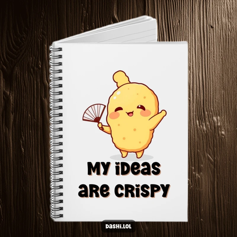 Funny Notebook featuring a giggling tempura with tiny arms waving a fan, ideal for jotting down foodie thoughts humorously.