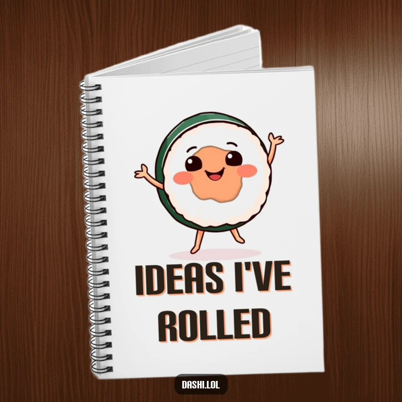 Funny sushi notebook with a smiling sushi character dancing happily on the cover, inspiring creativity and joy.