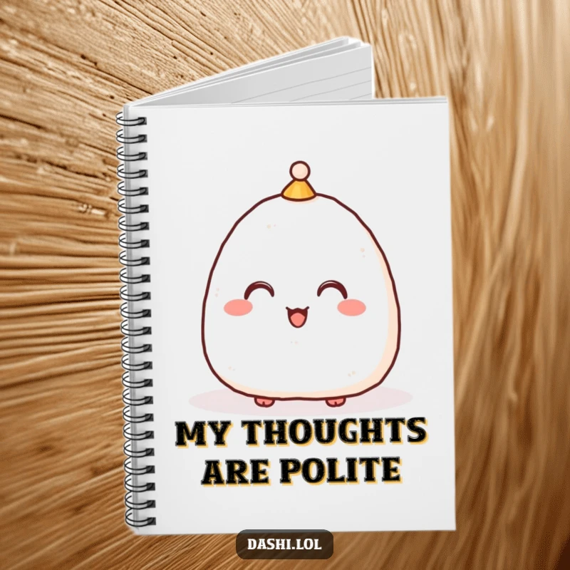 Funny Notebook featuring a delighted onigiri with a hat, bowing low, ideal for jotting down polite thoughts humorously.