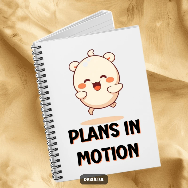 Funny dumpling notebook with a wiggling dumpling with tiny legs running joyfully on the cover, inspiring creativity.