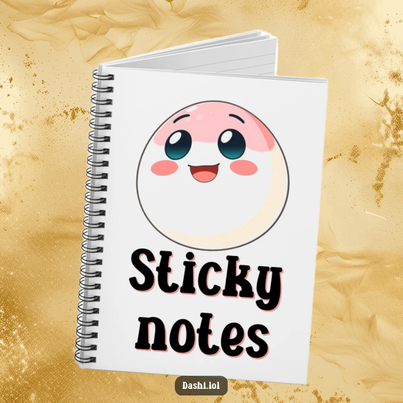 Funny mochi notebook with a bouncing mochi ball character and a big grin on the cover, inspiring creativity.