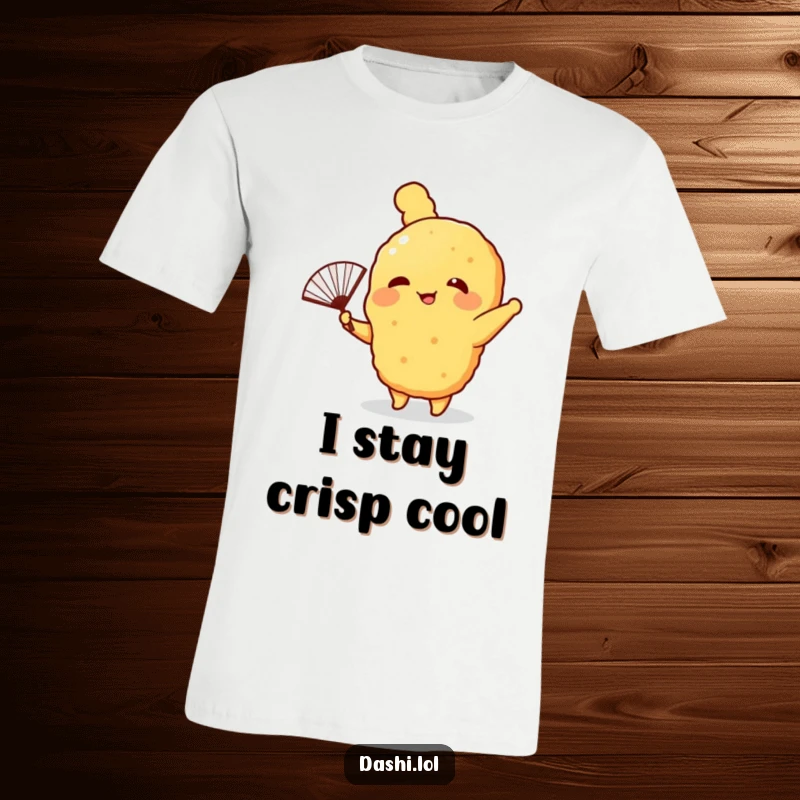 Funny T-Shirt of a happy tempura character with tiny arms waving a fan, perfect for lovers of Japanese food and humor.