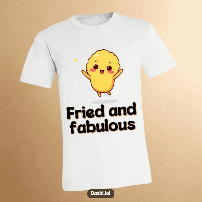 Funny tempura t-shirt depicting a giddy tempura piece performing a joyful little jig, full of crunchy charm.
