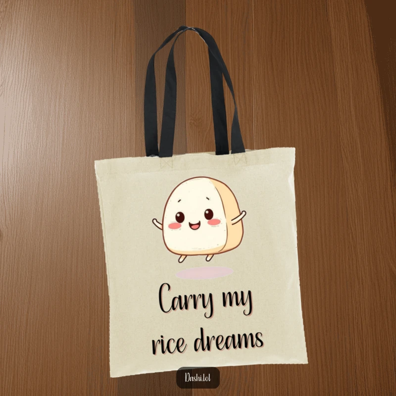 Funny Onigiri Tote Bag: A smiling onigiri with small legs joyfully jumps, offering a cute and humorous way to carry belongings.