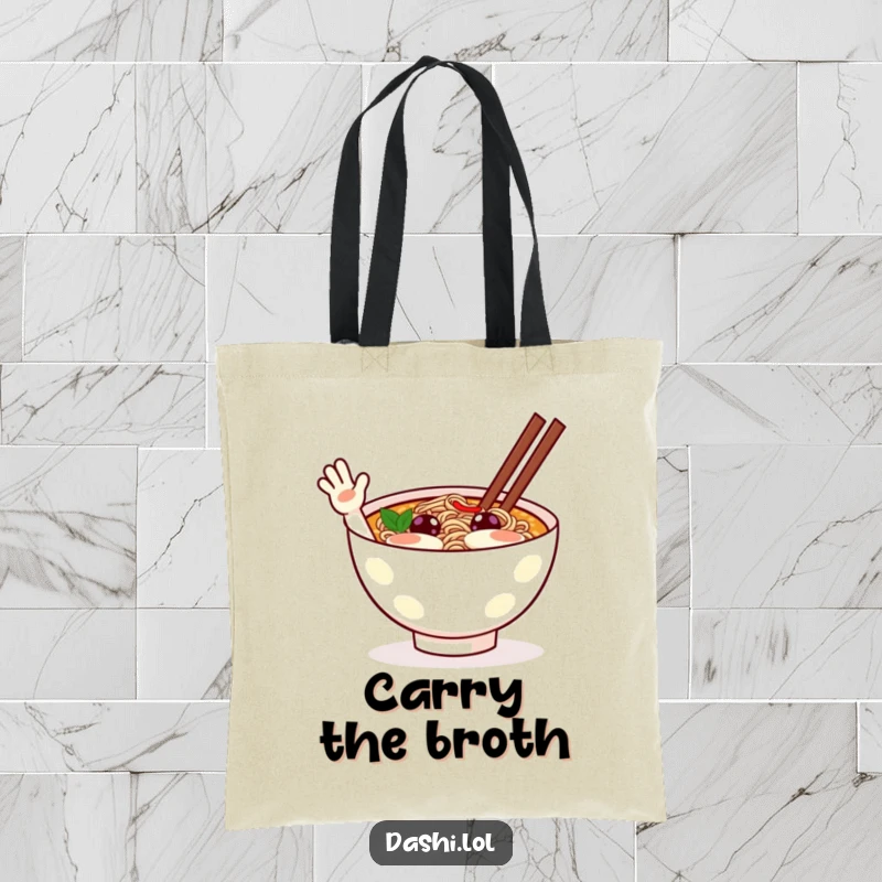 Funny ramen tote bag with a cheerful ramen bowl character excitedly waving, great for carrying items with personality.