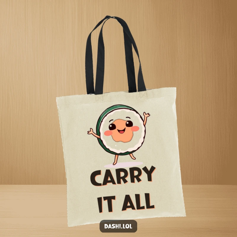Funny sushi tote bag featuring a cheerful sushi piece doing a happy dance, perfect for carrying essentials with style and humor.