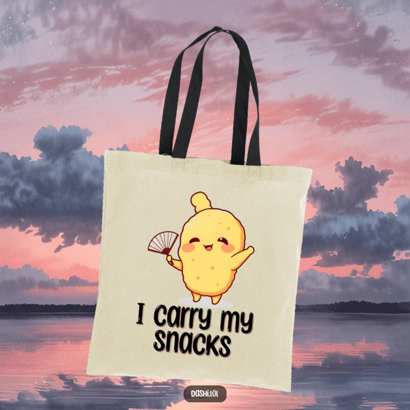 Funny Tote Bag with a giggling tempura character waving a fan, a practical and humorous item for food lovers.