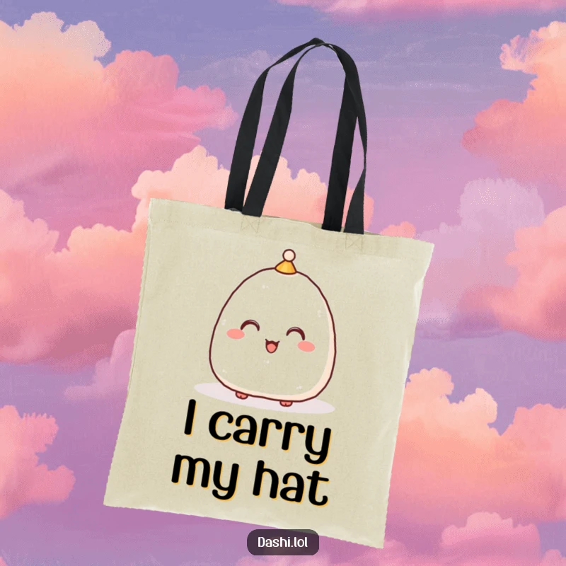Funny Tote Bag with a bowing onigiri in a hat, a practical and humorous item for those who appreciate Japanese culture.