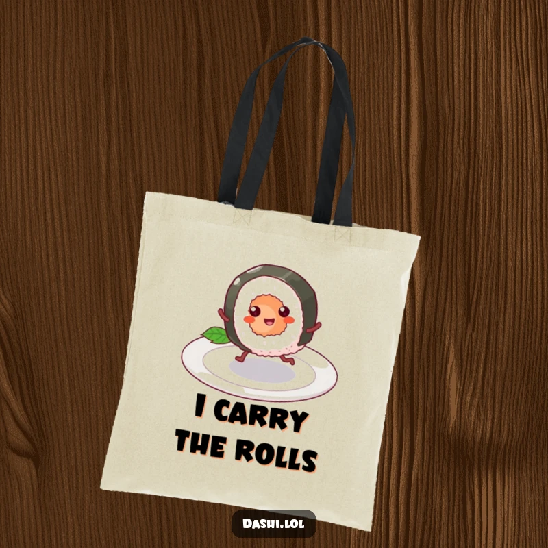 Funny Tote Bag with a happy sushi roll on tiny legs skipping, a practical and humorous item for food lovers.