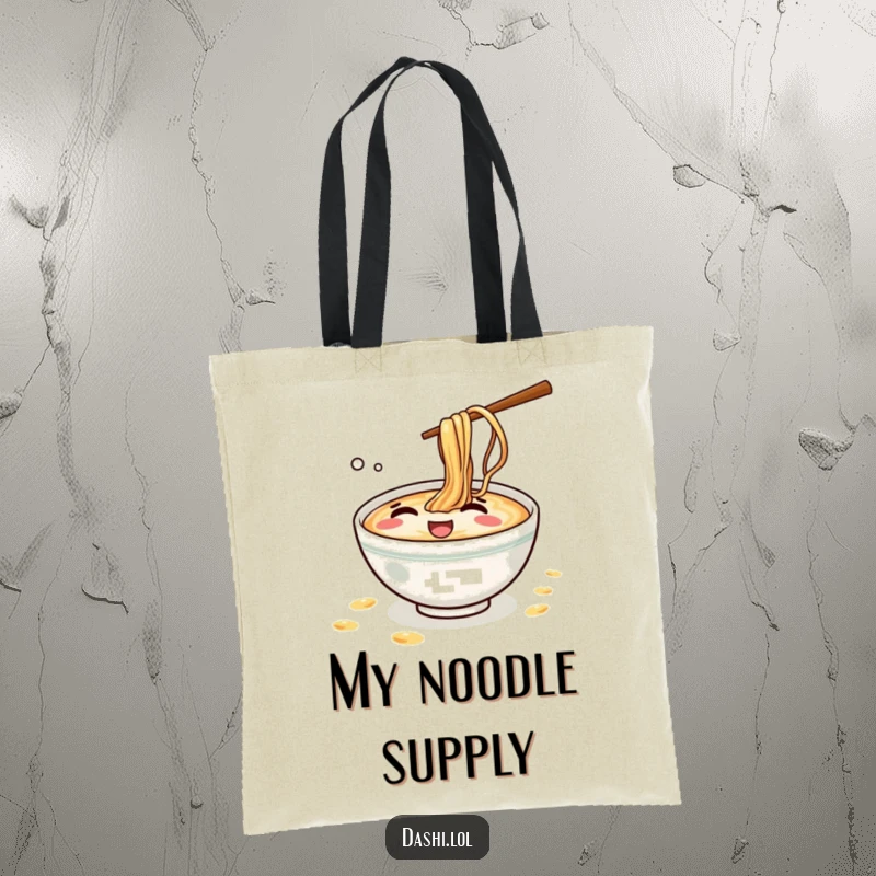 Funny Ramen Tote Bag: A mischievous ramen bowl giggles while splashing tiny noodles, a fun and functional accessory.