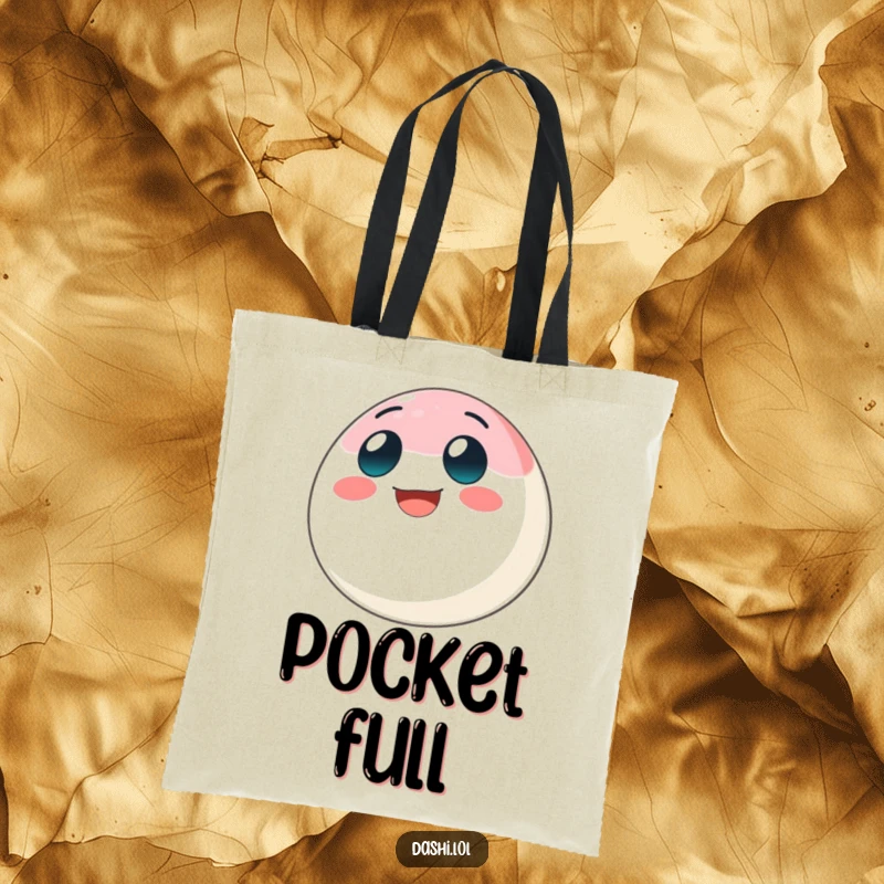 Funny mochi tote bag with a bouncing mochi ball character and a big grin, perfect for carrying items with joy.
